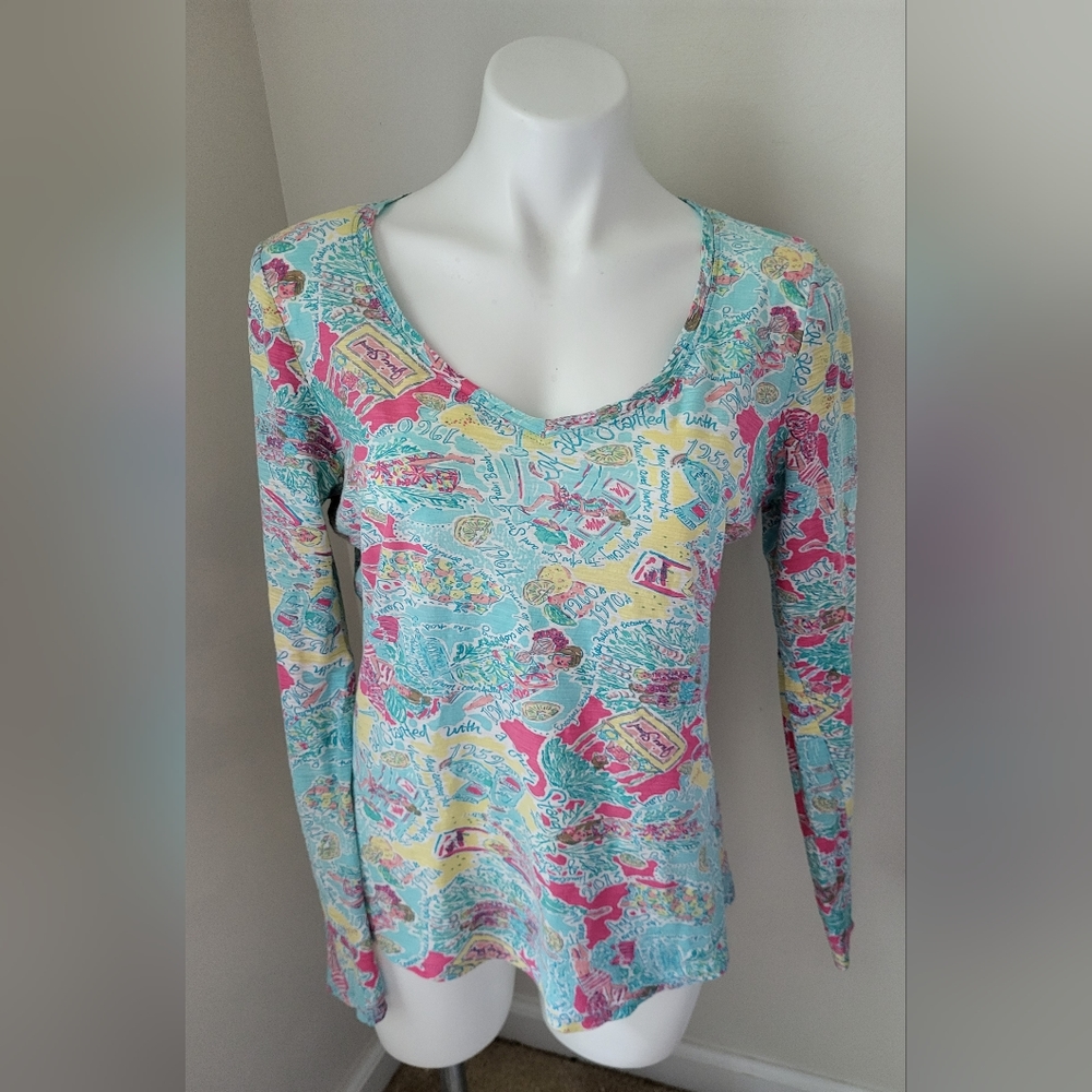 Lilly Pulitzer In The Beginning Long Sleeve Cassie Cotton Print Pullover Top L